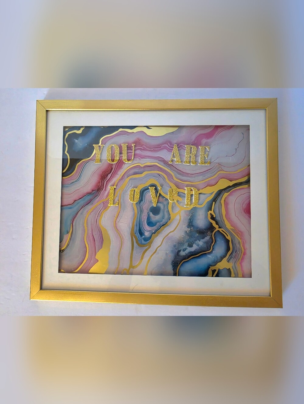 NWT You Are Loved Gold & Marble Wall Art on Pink Blue Agate Print Sz 12" X 10"